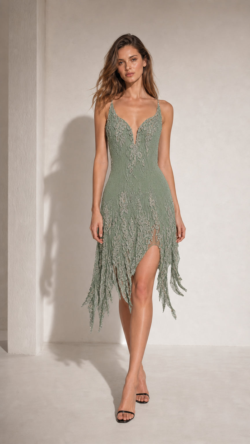 Front view of woman wearing Sage beaded fringed midi dress