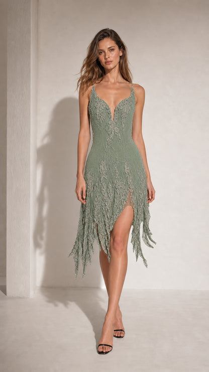 Front view of woman wearing Sage beaded fringed midi dress