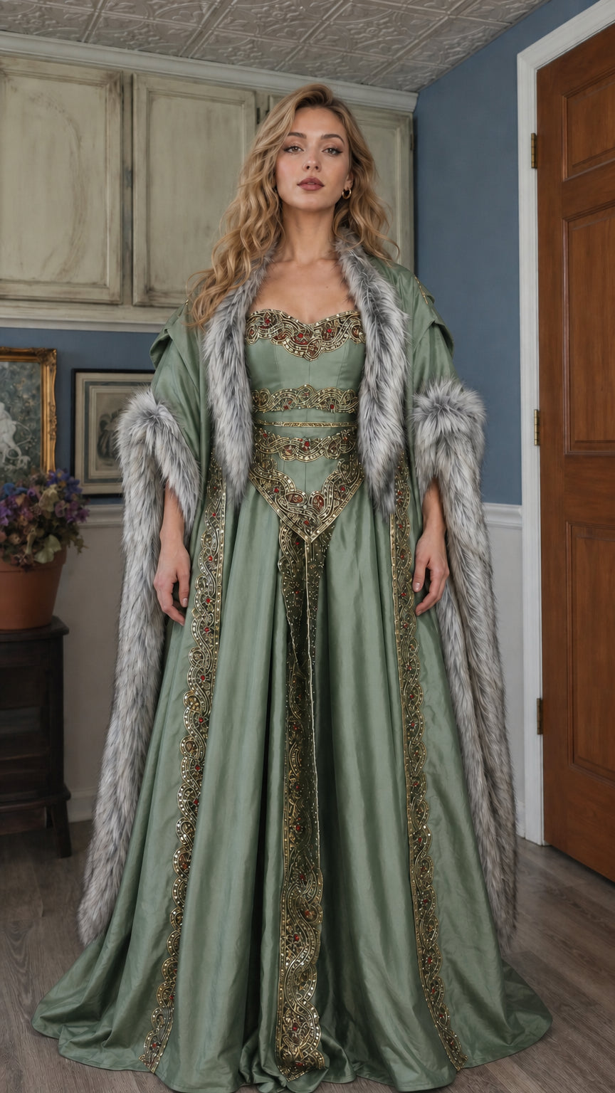 Front view of the green Renaissance medieval gown variant