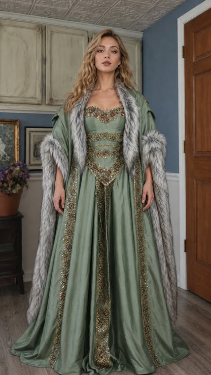 Front view of the green Renaissance medieval gown variant