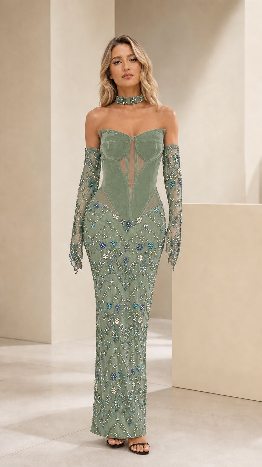 Sage green strapless sequin evening gown with matching gloves