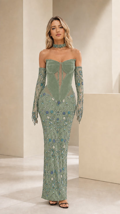Sage green strapless sequin evening gown with matching gloves