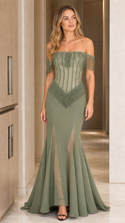 Sage green off-shoulder mermaid evening dress