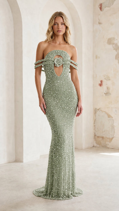 Sage green sequin formal gown with rosette detail front view