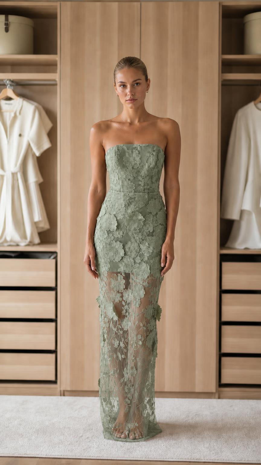 Front view of sage green strapless floral applique maxi dress