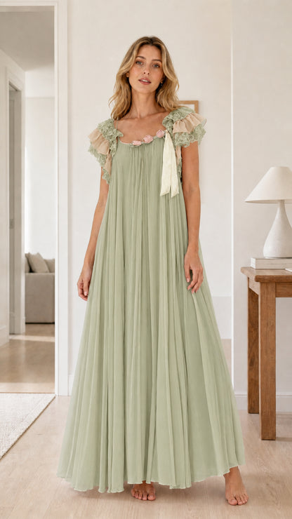 Full front view of sage green pleated maxi lounge nightgown dress with lace trim