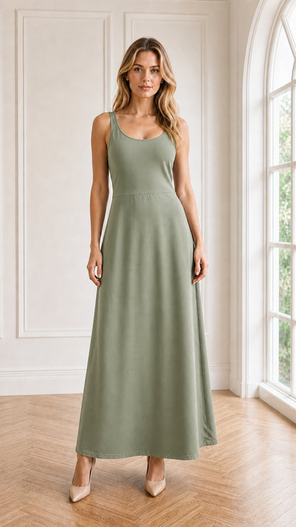 Front view of model wearing sage green sleeveless scoop neck maxi dress
