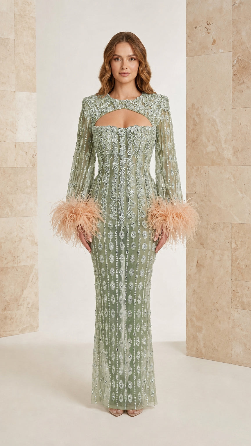 Sage green beaded floor-length formal dress with feather cuff details
