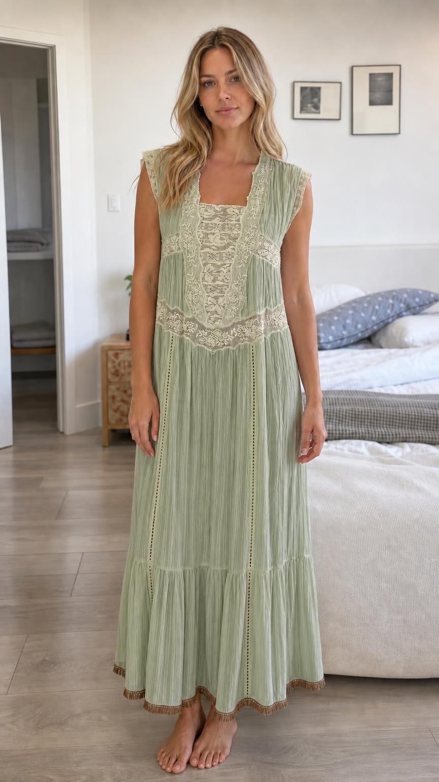 Front view of Sage Green Bohemian Lace Trim Pleated Maxi Dress