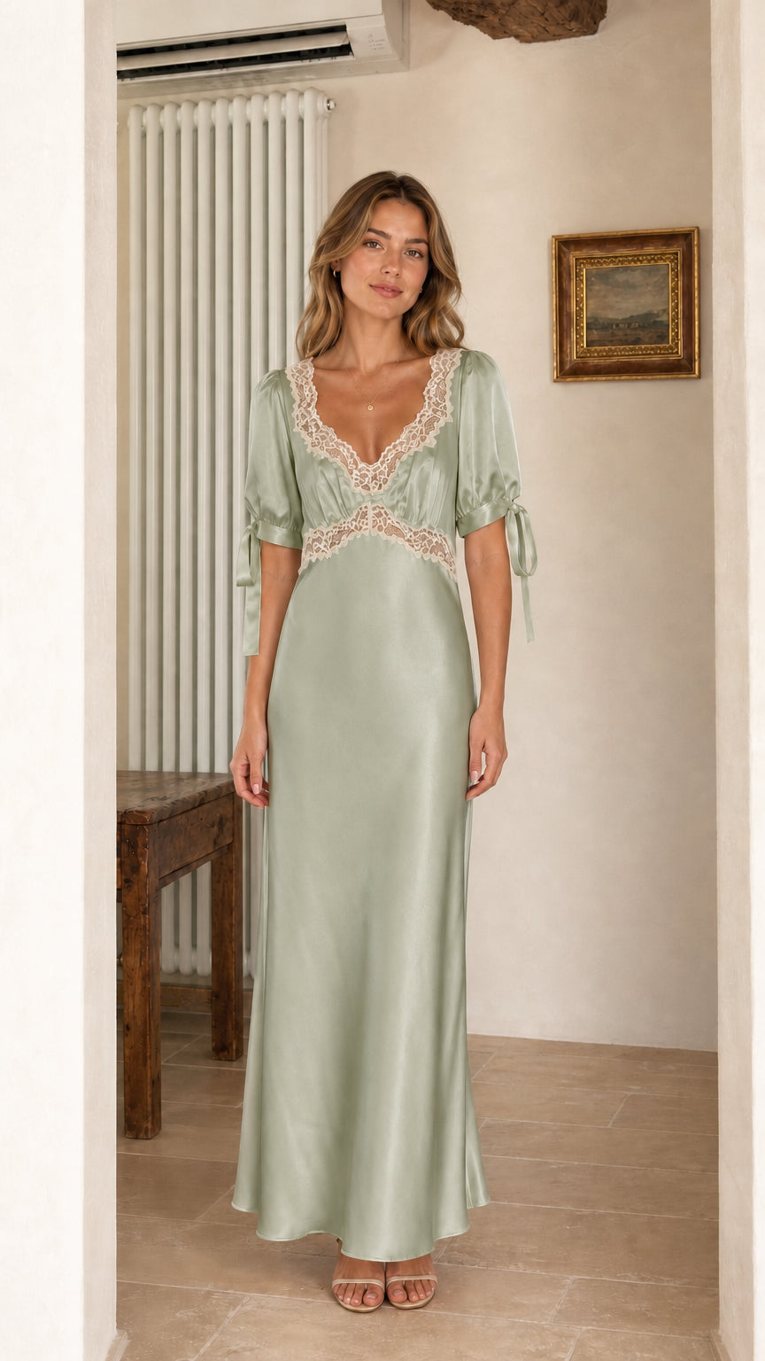 Front view of model wearing Sage satin lace trim maxi dress