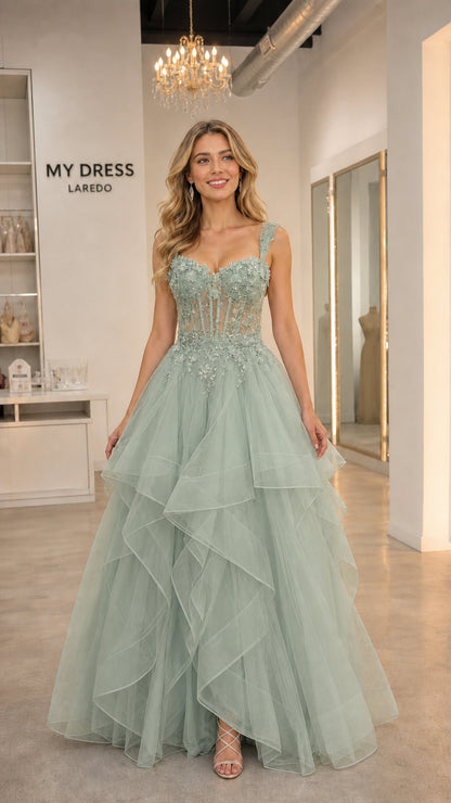Front view of sage green tulle ball gown