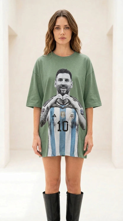 Front view of green color variant of graphic t-shirt dress