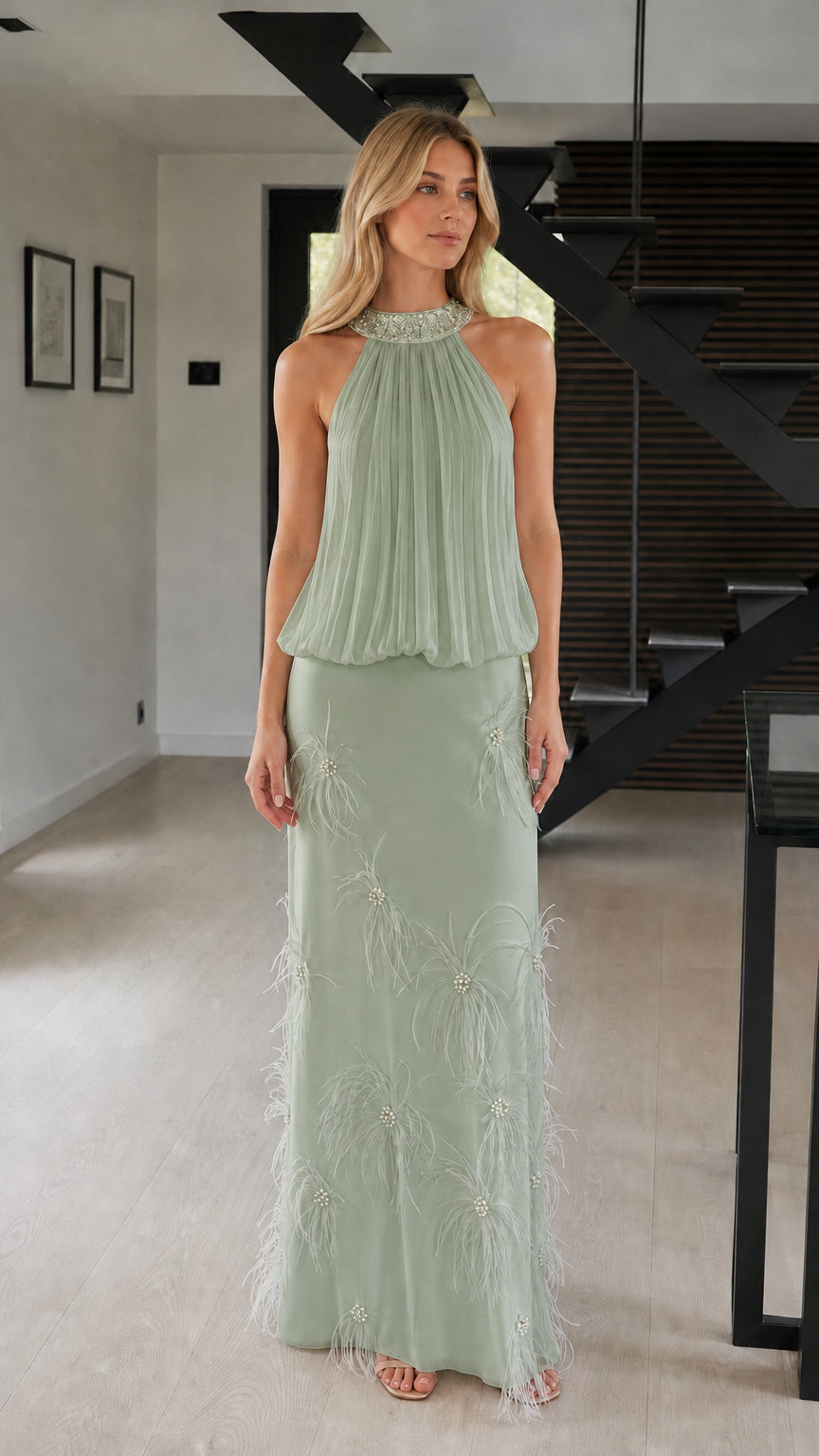Front view of sage green special occasion dress