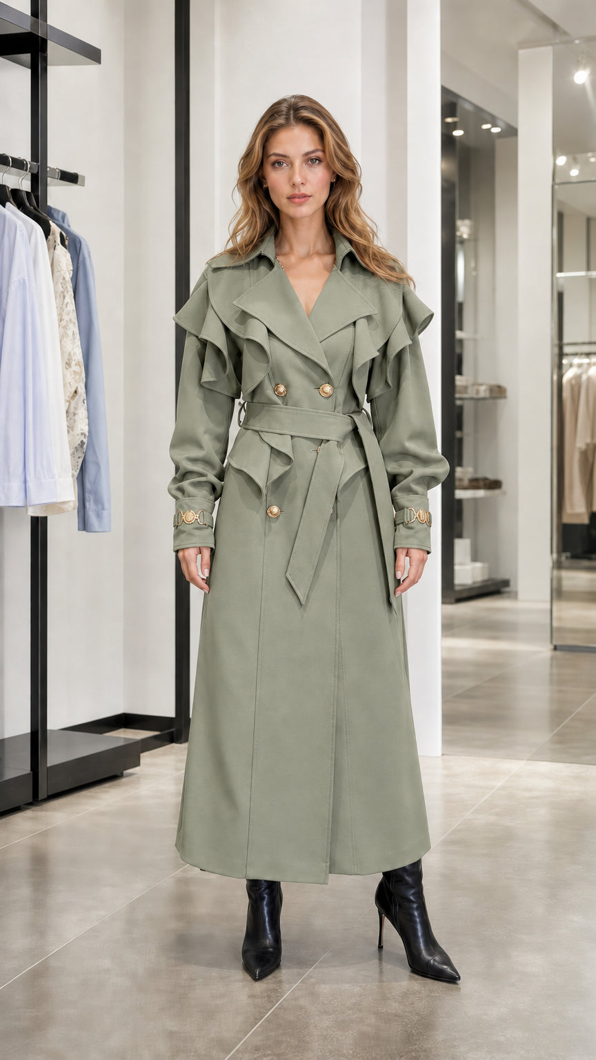Front view of woman in sage green ruffle long trench coat