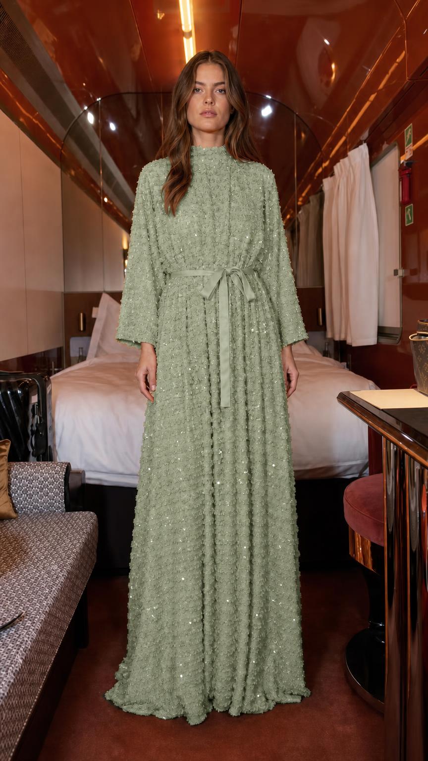 Front view of sage green textured sequin maxi dress