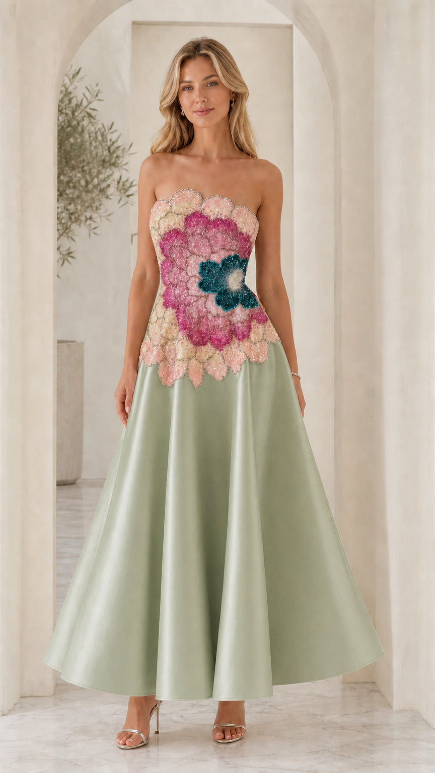 Model wearing sage green variant of strapless evening dress