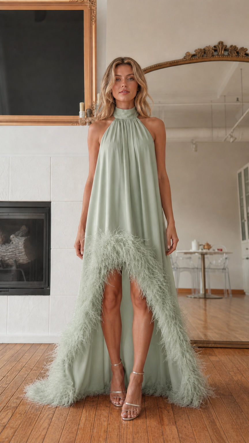 Front view of model wearing sage green feather hem high neck maxi dress
