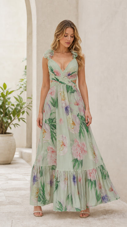 Green floral print maxi dress