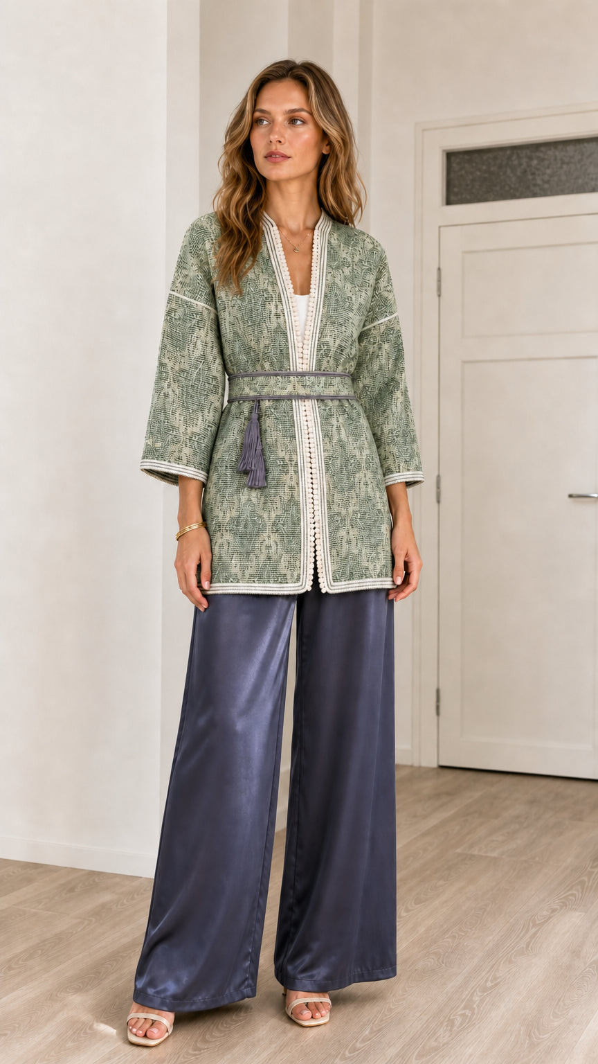 Front view of model wearing Sage Green jacquard belted kimono cardigan with contrast piping