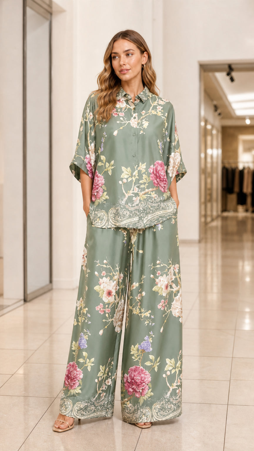 Model wearing sage green floral print satin two-piece shirt and pants set