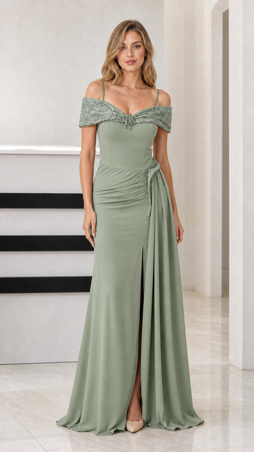 Front view of sage green off-the-shoulder beaded formal evening dress