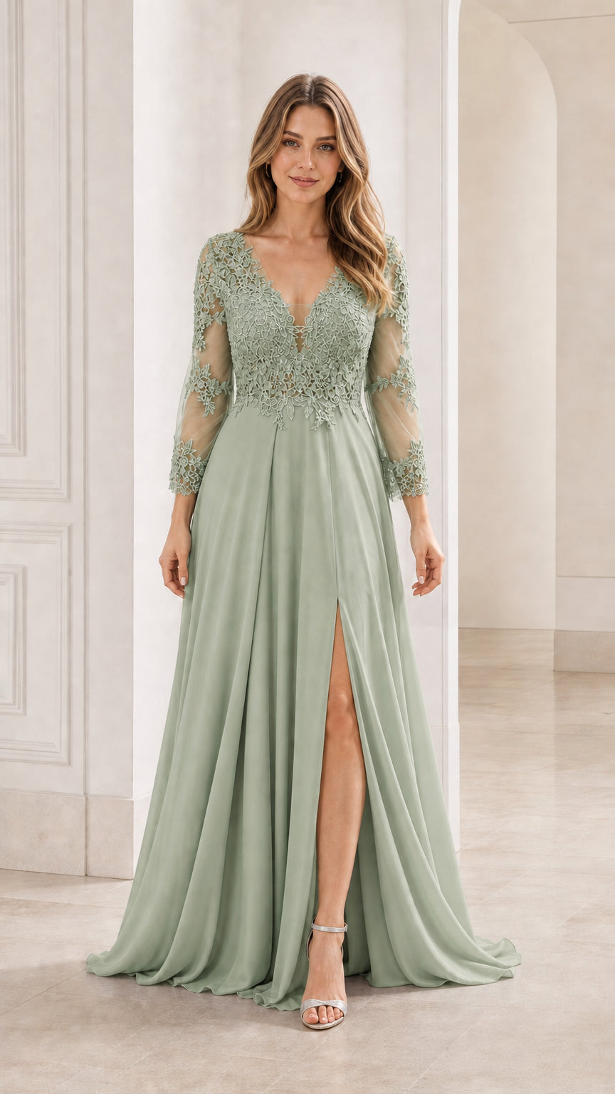 Full front view of the sage green evening gown