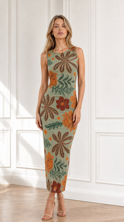 Front view of model wearing sage green botanical floral print midi dress