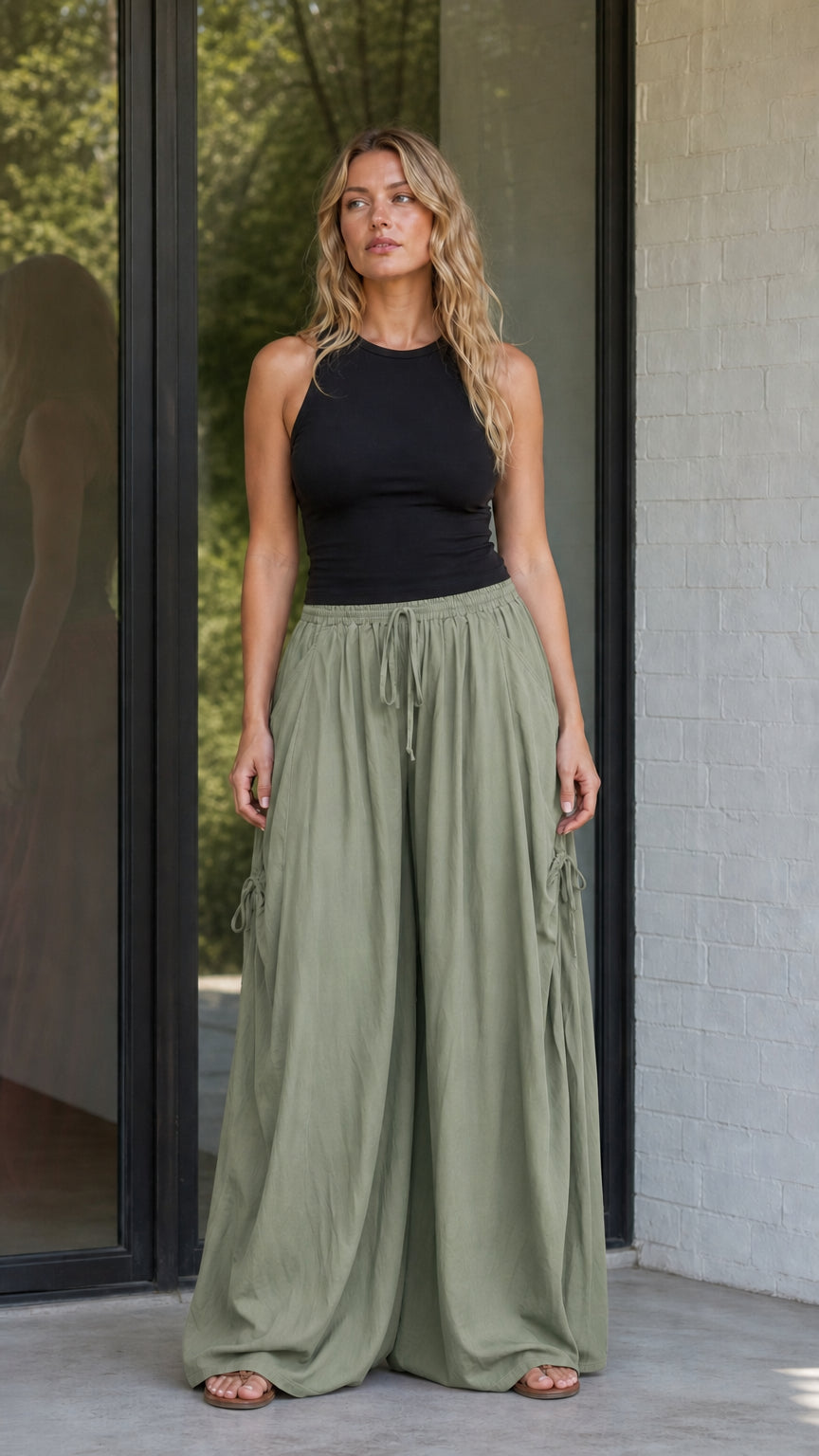 Front view of sage green wide-leg drawstring pants