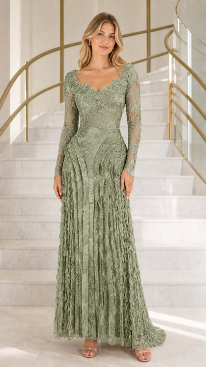 Front view of sage green long-sleeve lace evening dress