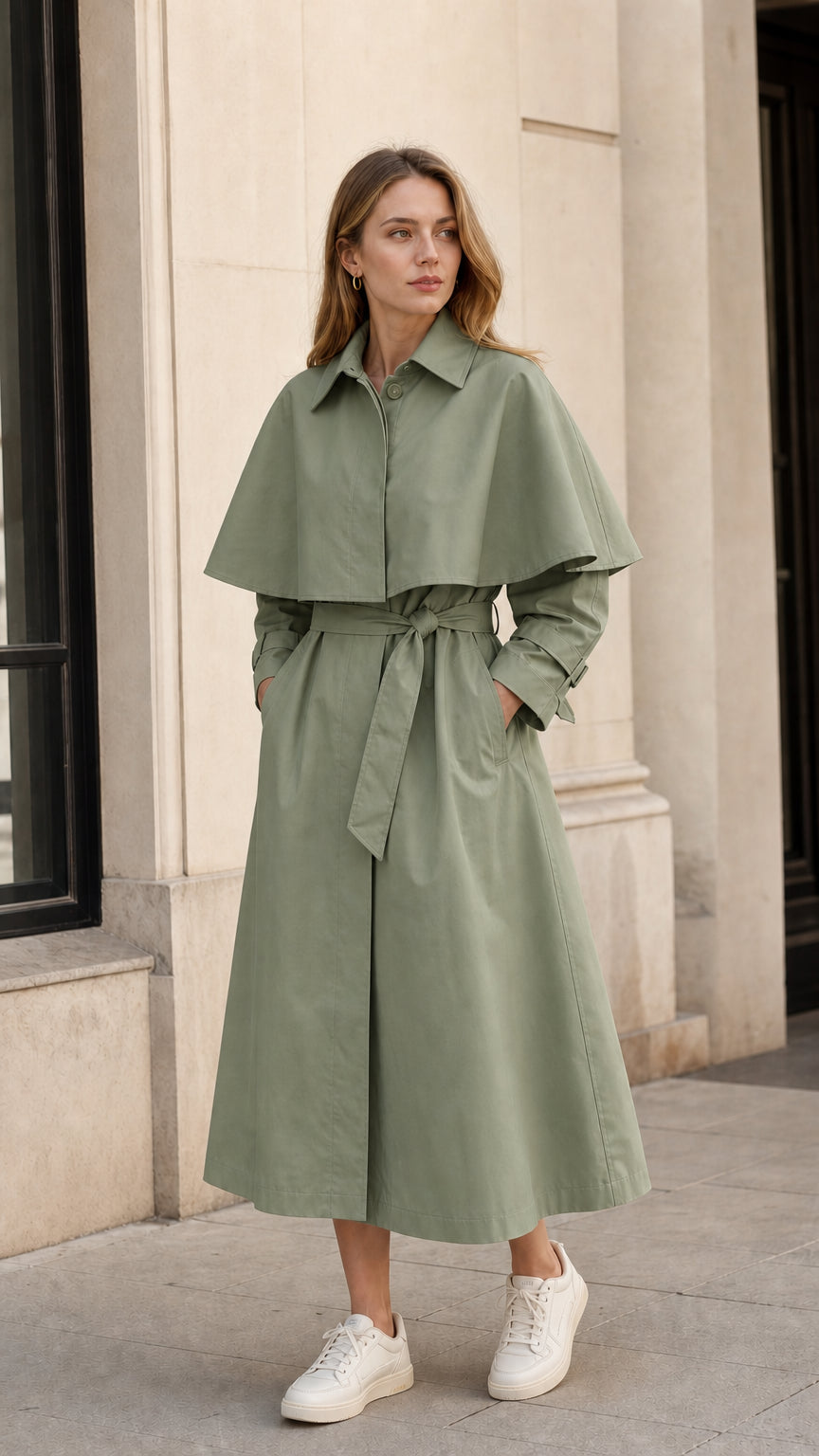 Front view of model wearing sage green capelet belted midi trench coat