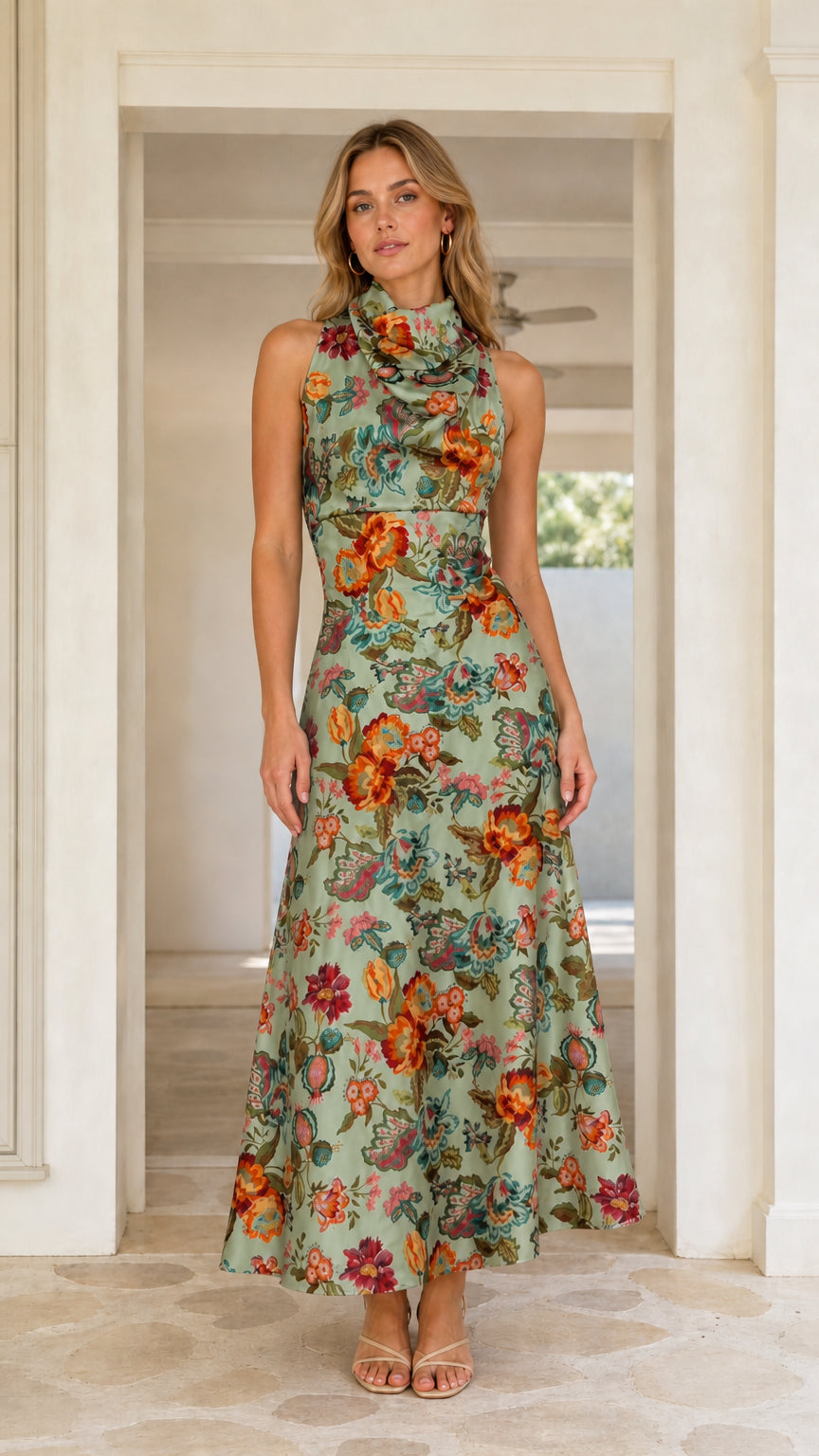 Front view of sage floral maxi dress
