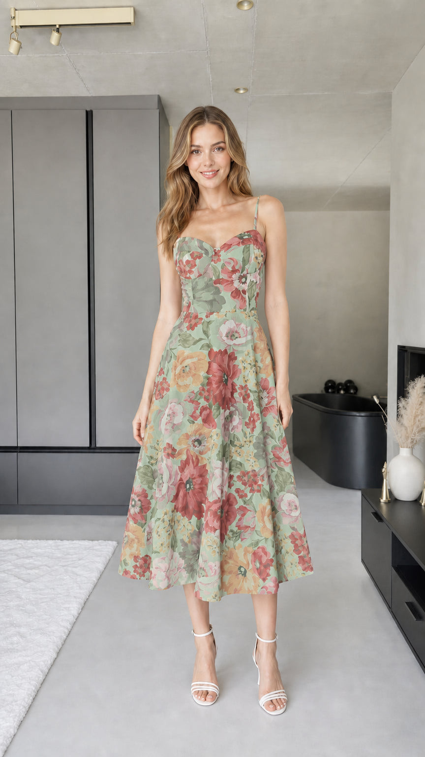 Full front view of model wearing sage green floral midi dress