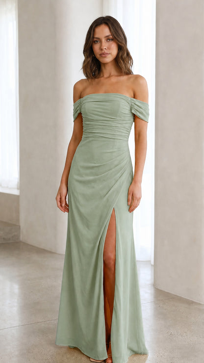 Front view of sage green off-the-shoulder ruched maxi dress