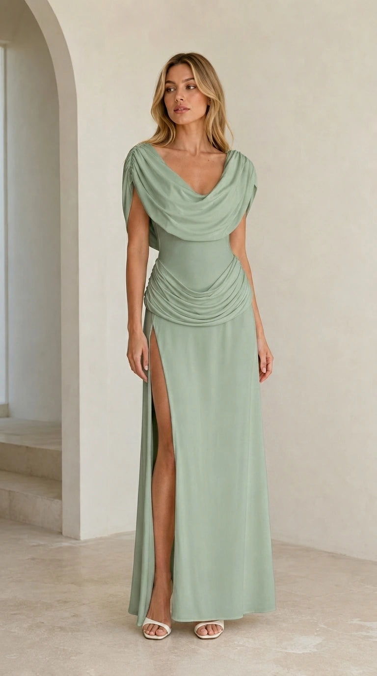 Front view of model wearing Sage green maxi dress