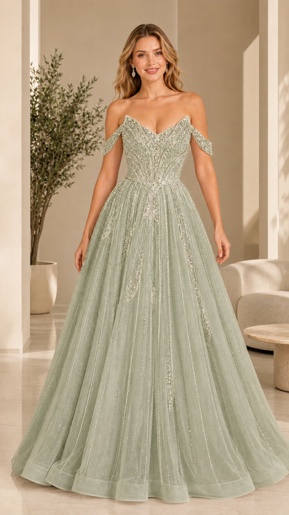 Front view of sage green beaded tulle ball gown