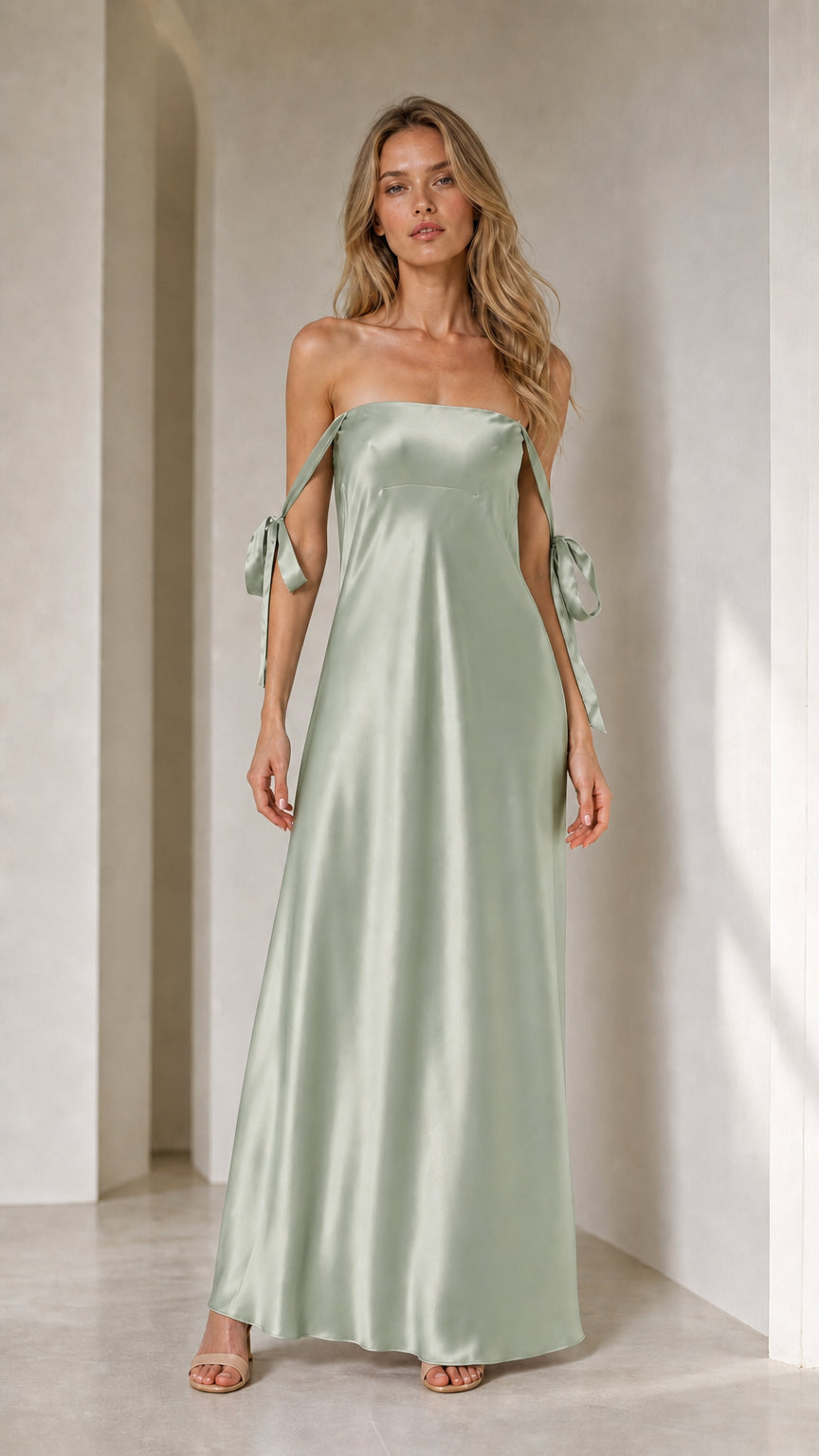 Model wearing sage green satin strapless maxi dress