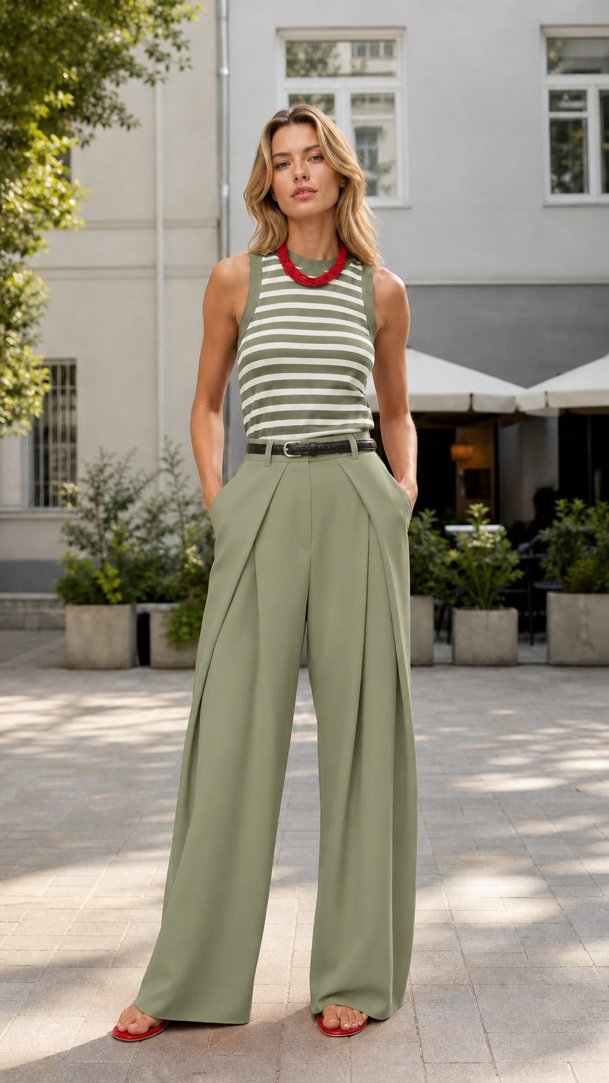 Model wearing sage green wide-leg trousers