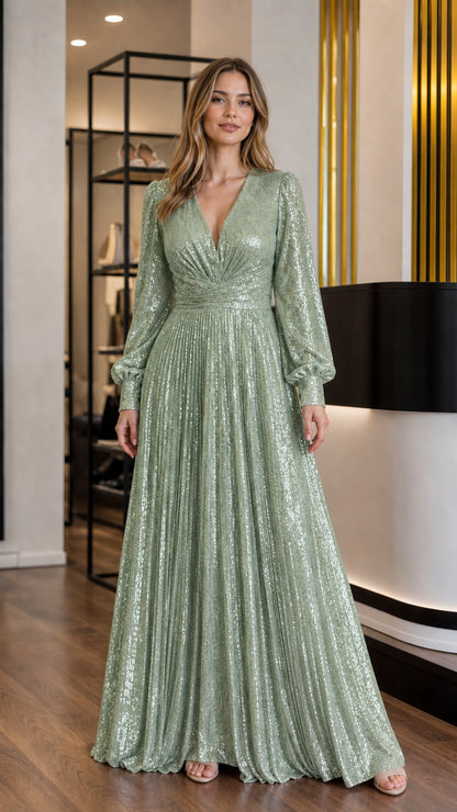 Sage green pleated sequin long sleeve A-line evening gown