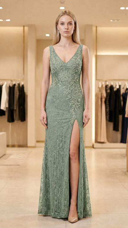 Front view of sage green evening gown with sequin embroidery