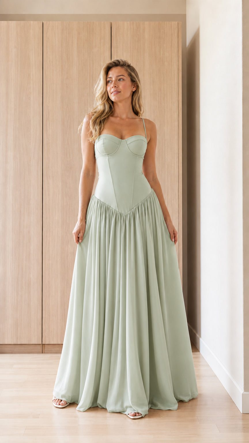 Front view of sage green bustier maxi dress