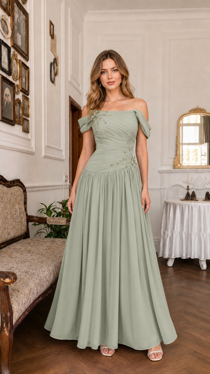 Sage green off-the-shoulder ruched evening gown