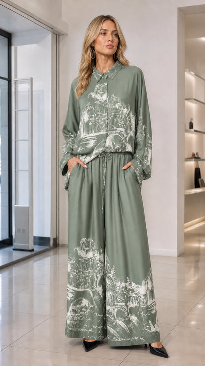 Sage green two-piece architectural print long-sleeve shirt and palazzo pants set