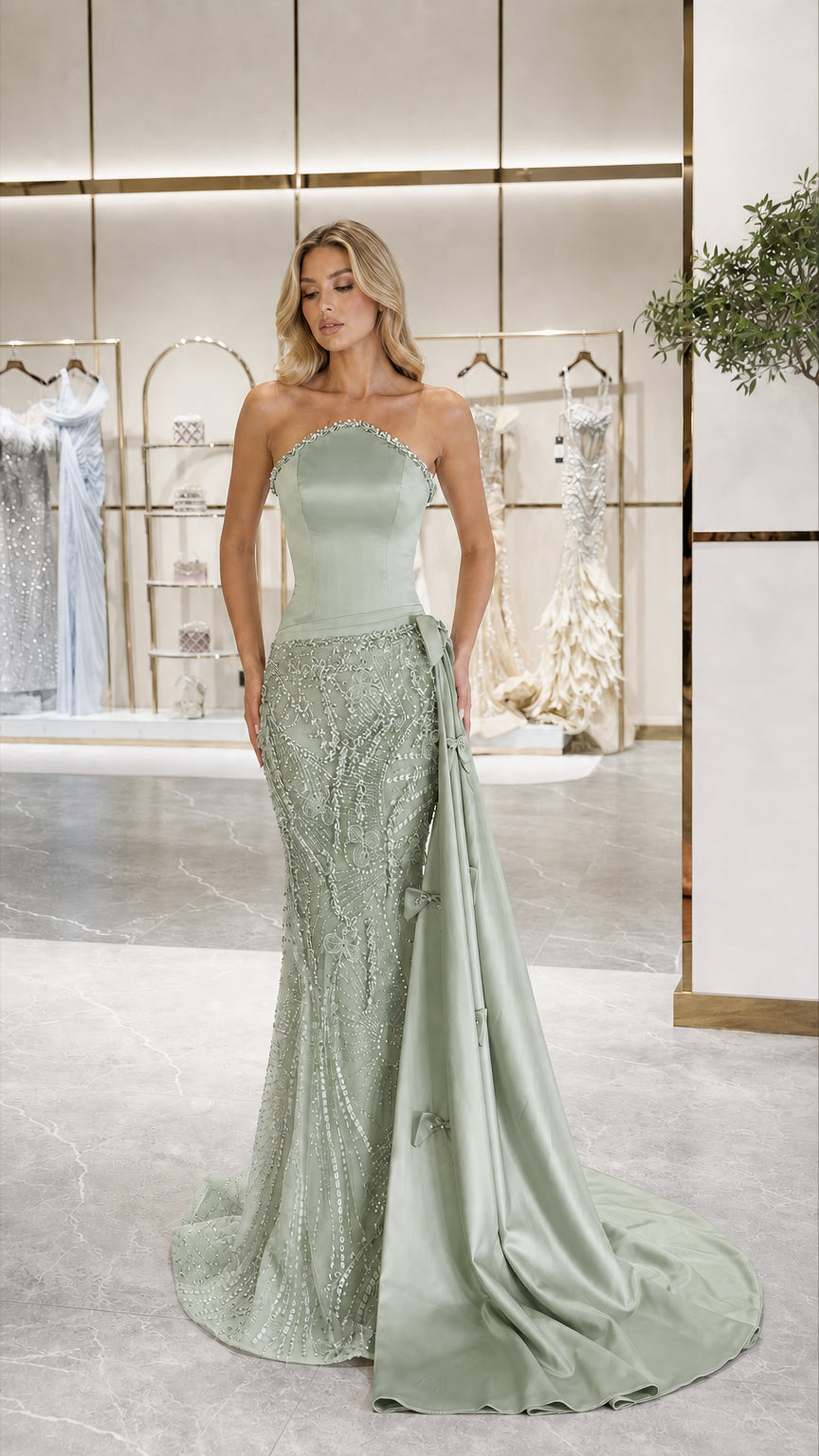 Front view of sage green strapless sequin mermaid evening gown