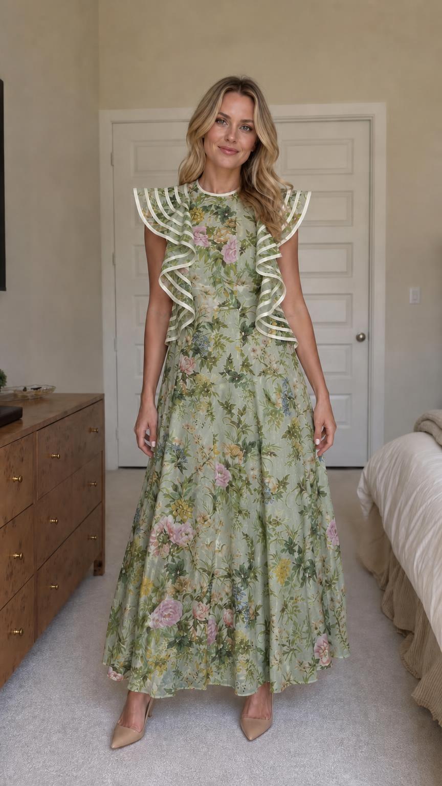 Woman wearing sage floral ruffle maxi dress