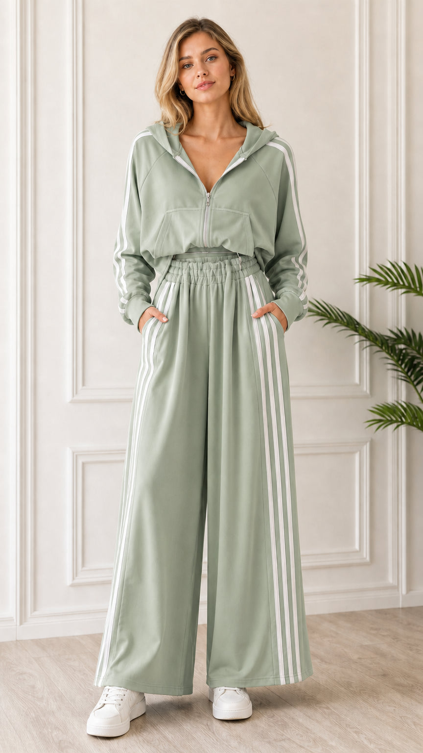 Full-length front view of woman wearing Sage Green 2-piece striped tracksuit set
