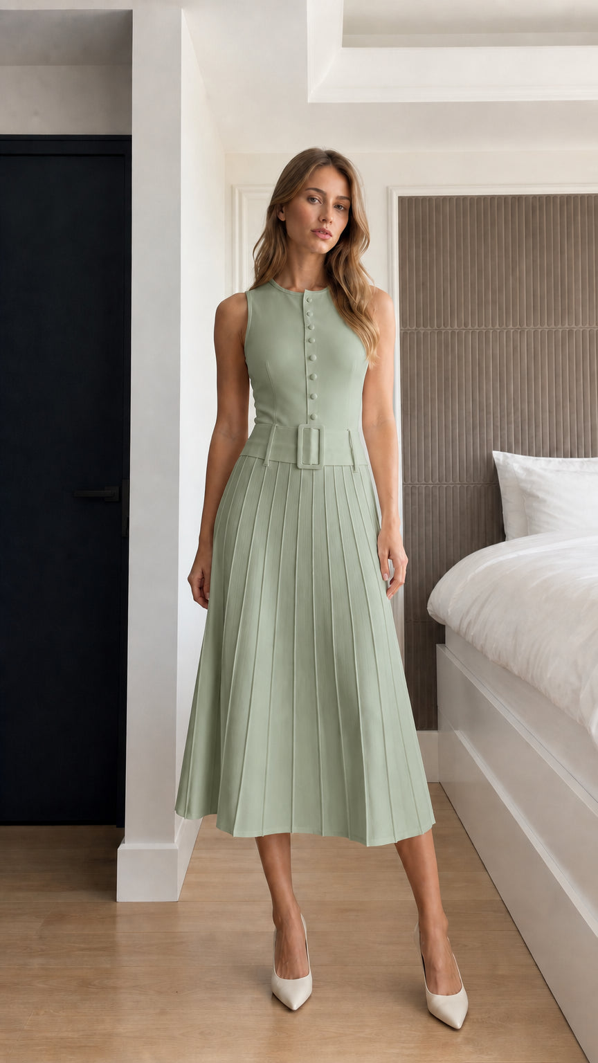 Front view of model wearing sage green sleeveless pleated belted midi dress