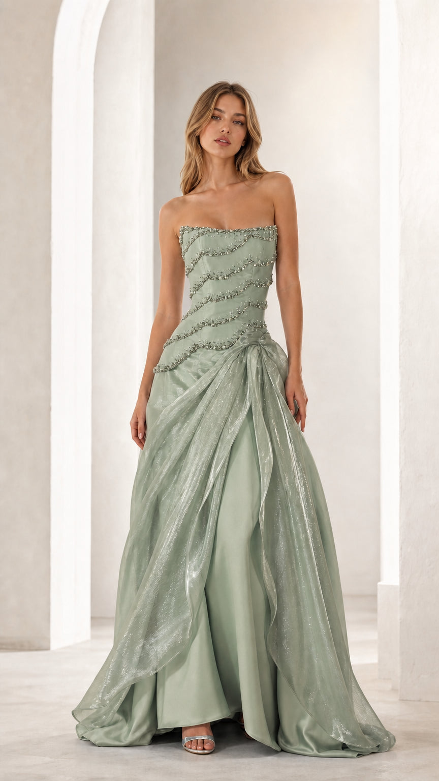 Sage green strapless formal evening gown with bead embellishments