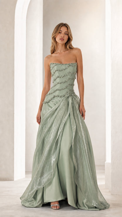 Sage green strapless formal evening gown with bead embellishments