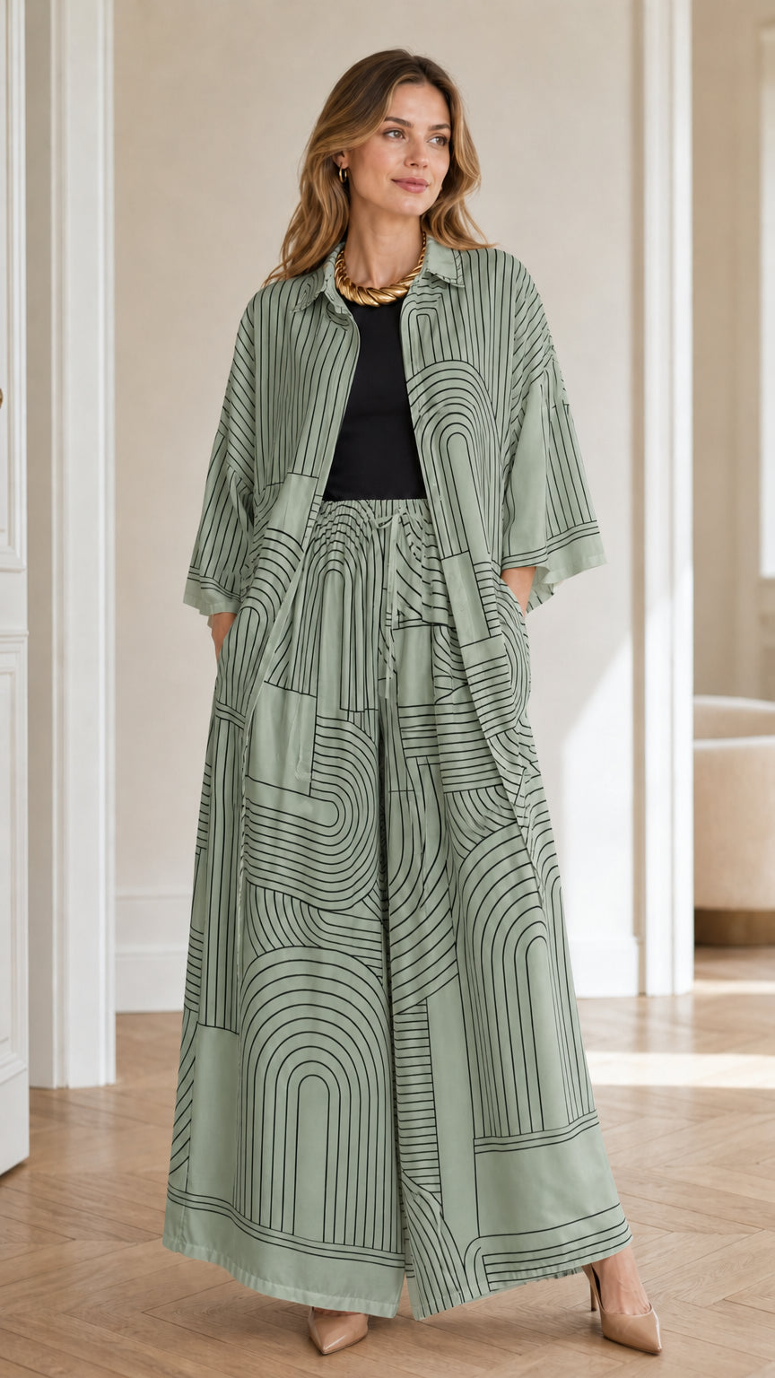 Model wearing sage green geometric print matching set