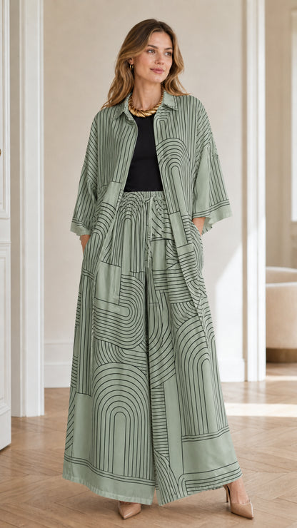 Model wearing sage green geometric print matching set
